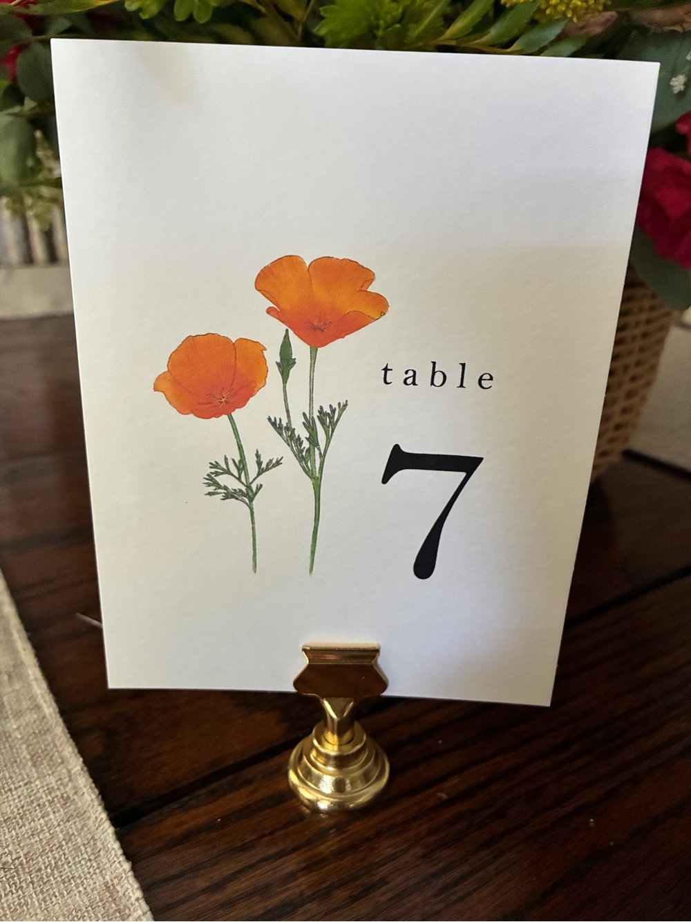 Set of Floral  Wedding Table Number Cards (1-28) with Gold Holders